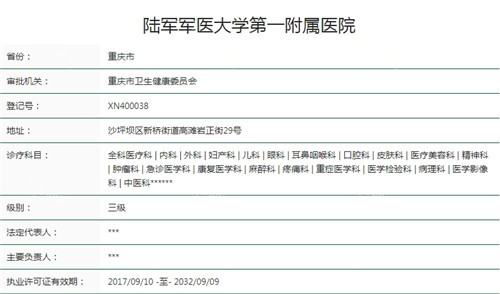 陆军**大学**附属医院（重庆西南医院）卫健委资质截图